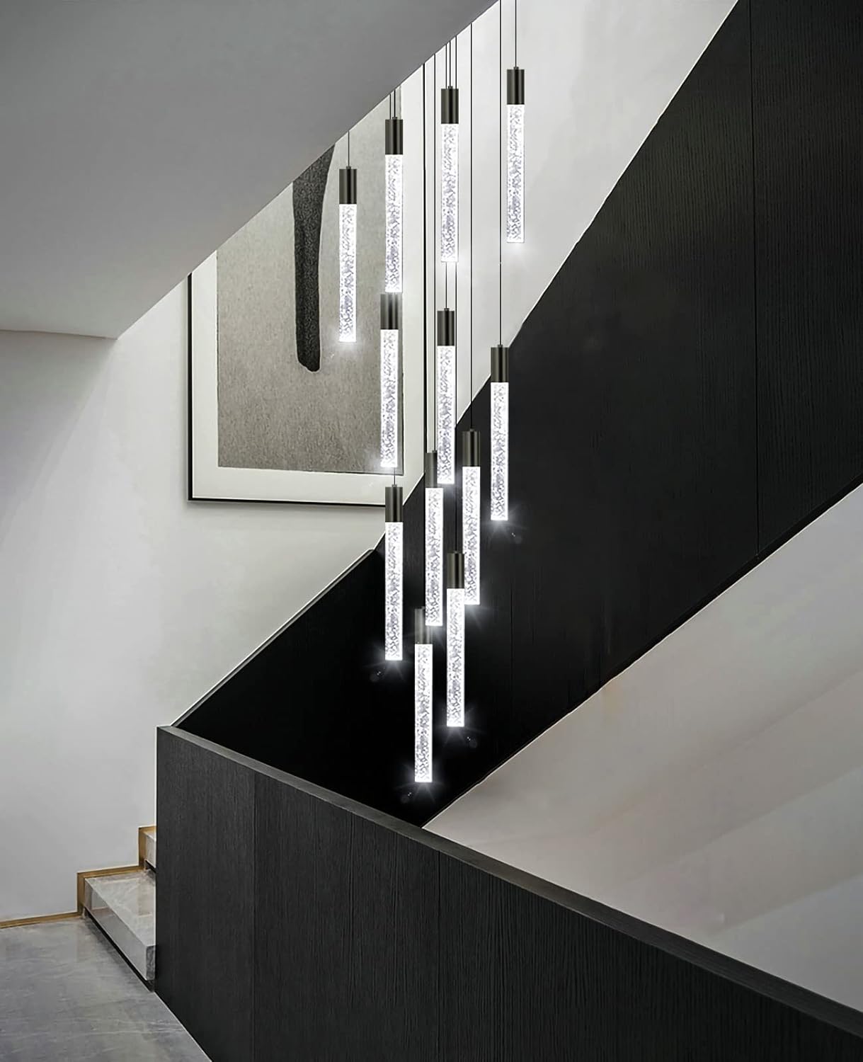 Modern Crystal Chandelier for Living Room, Dimmable Crystal Ceiling Pendant Lights for Staircase, Lobby, Entryway, Foyer High Ceiling Pendant Lighting, Black 50W 6000K 10-Light