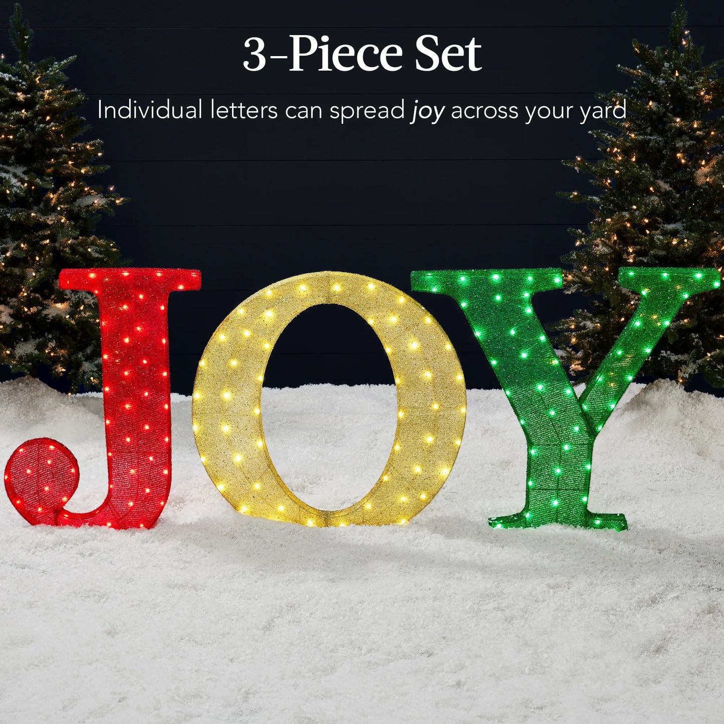 Best Choice Products 32in 3-Piece 3D Lighted Christmas JOY Yard Decoration w/150 LED Lights, Stakes - Red/Gold/Green