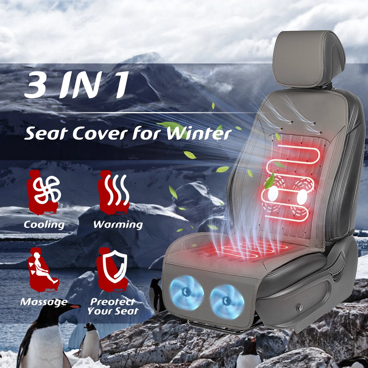 Paffenery 2025 Heating and Cooling Seat Cover Front Seat, 12V-24V Ventilated Cooling Car Seat Cushion, Cooled Seat Cover for Car SUV Truck Universal Fit, Fashion Grey