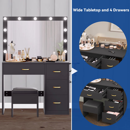 Dextrus Makeup Vanity Ensemble,Generously Sized Illuminated Mirror, Vanity Featuring Electrical Outlet, 3 Versatile Lighting Modes, Customizable Brightness, and 4 Storage Drawers for Women Girls
