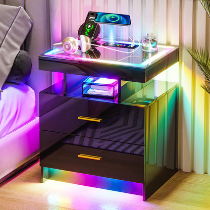 HNEBC RGB LED Nightstand with Wireless Charging Station & USB Ports, High Gloss Smart Night Stand with Drawer and Dynamic Lighting, Modern Bedside Tables for Bedroom, End Table