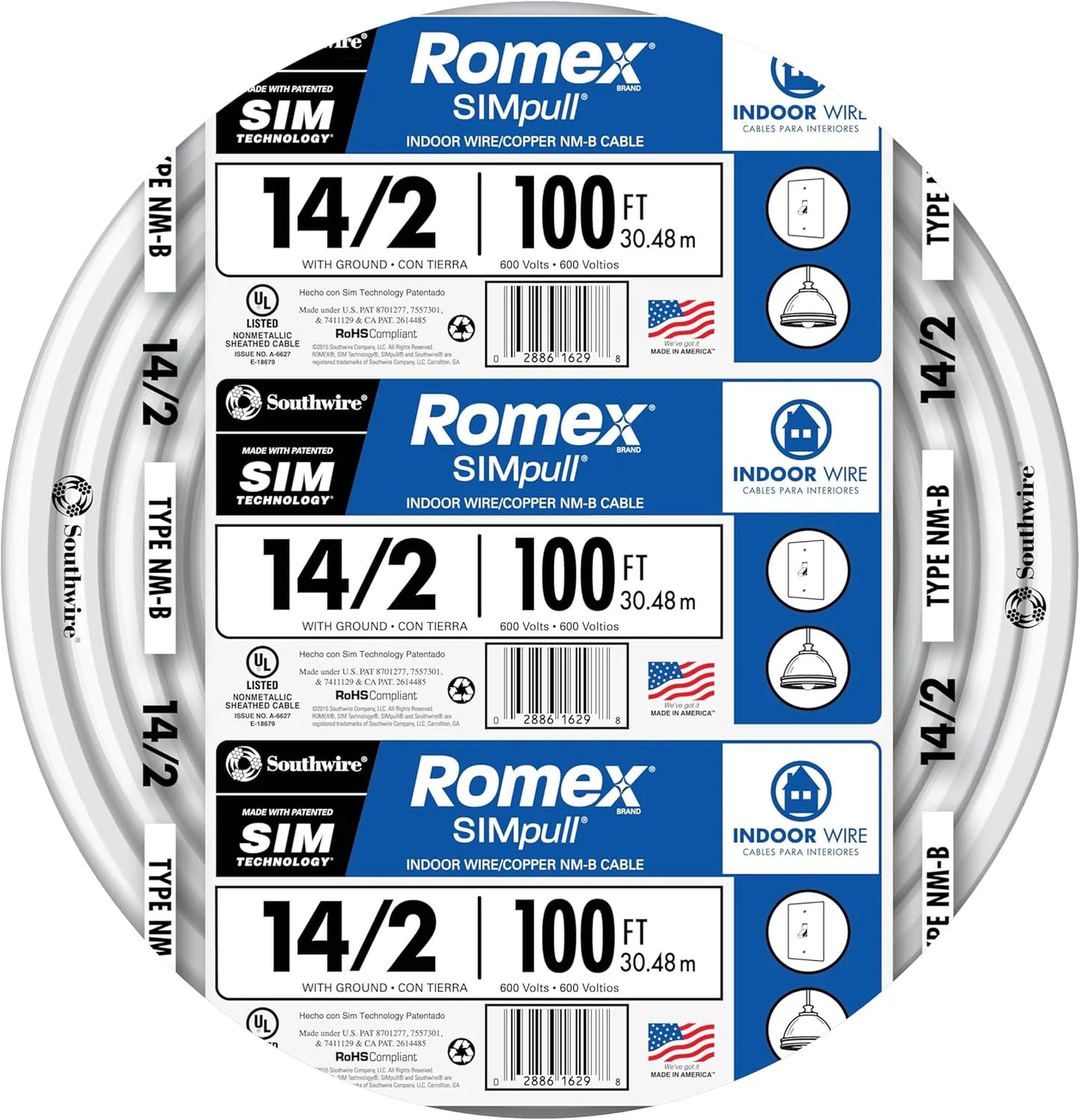 Southwire 100' 14/2 w ground Romex brand SIMpull residential indoor electrical wire type NM-B 28827423, White
