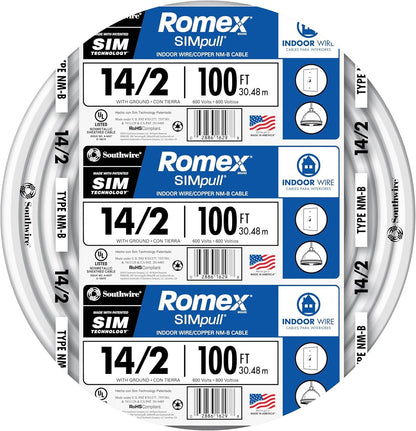 Southwire 100' 14/2 w ground Romex brand SIMpull residential indoor electrical wire type NM-B 28827423, White