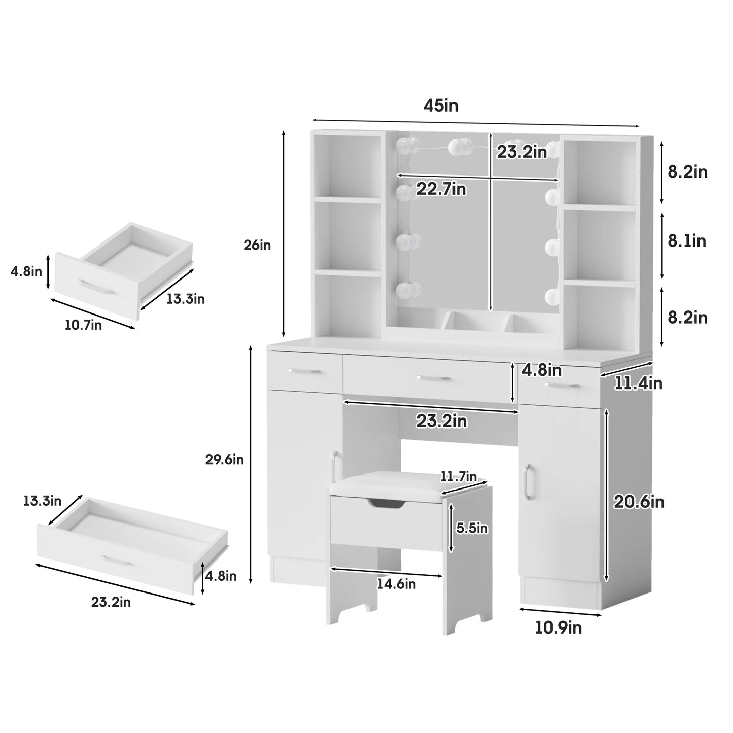 VEANERWOOD Large Makeup Vanity Set with Light Modern Makeup Vanity Table with Storage and Adjustable Lighting Colors for Bedroom 45.2in, White