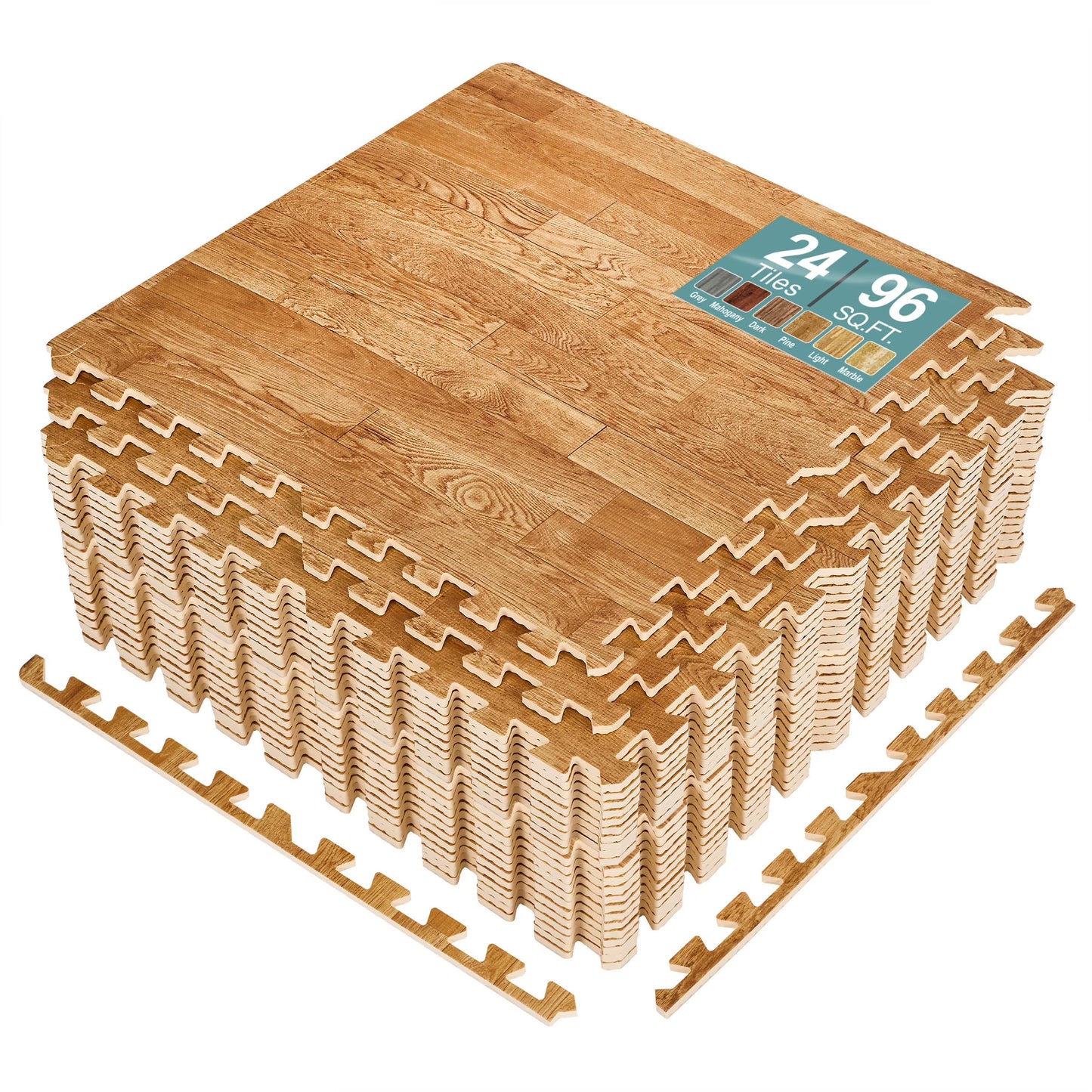 Sorbus 96 Sq. Ft. Wood Grain Floor Tiles Foam Mat EVA Interlocking Mats Tile 3/8-Inch Thick Flooring Wood Puzzle Exercise Mats w/Borders - Home Playroom Basement, Apartment, Trade Show, Baby, Dance