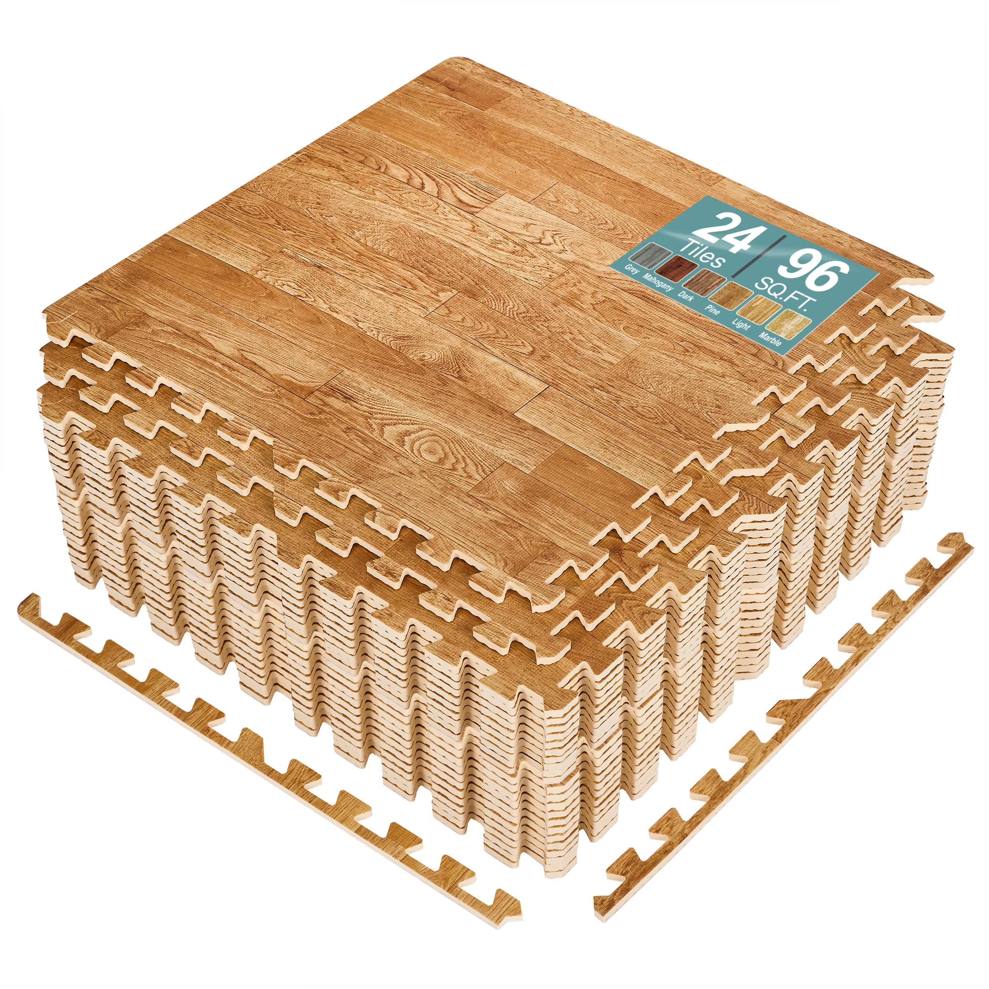 Sorbus 96 Sq. Ft. Wood Grain Floor Tiles Foam Mat EVA Interlocking Mats Tile 3/8-Inch Thick Flooring Wood Puzzle Exercise Mats w/Borders - Home Playroom Basement, Apartment, Trade Show, Baby, Dance