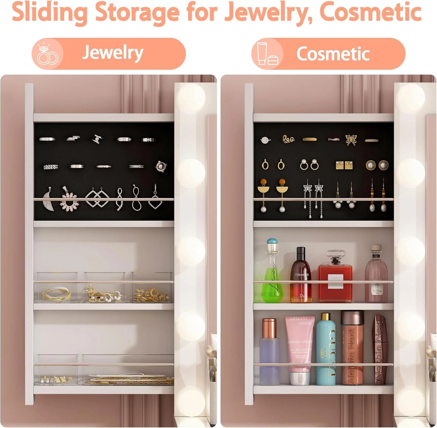 Vanity Desk with Power Outlet, Makeup Vanity with Mirror and 14 LED Light, 3 Lighting Modes,11 Drawer Vanity Table with Sliding Jewelry Storage, Glass Top, Specular Surface