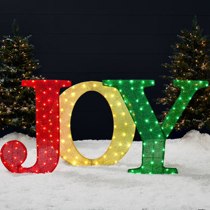 Best Choice Products 32in 3-Piece 3D Lighted Christmas JOY Yard Decoration w/150 LED Lights, Stakes - Red/Gold/Green