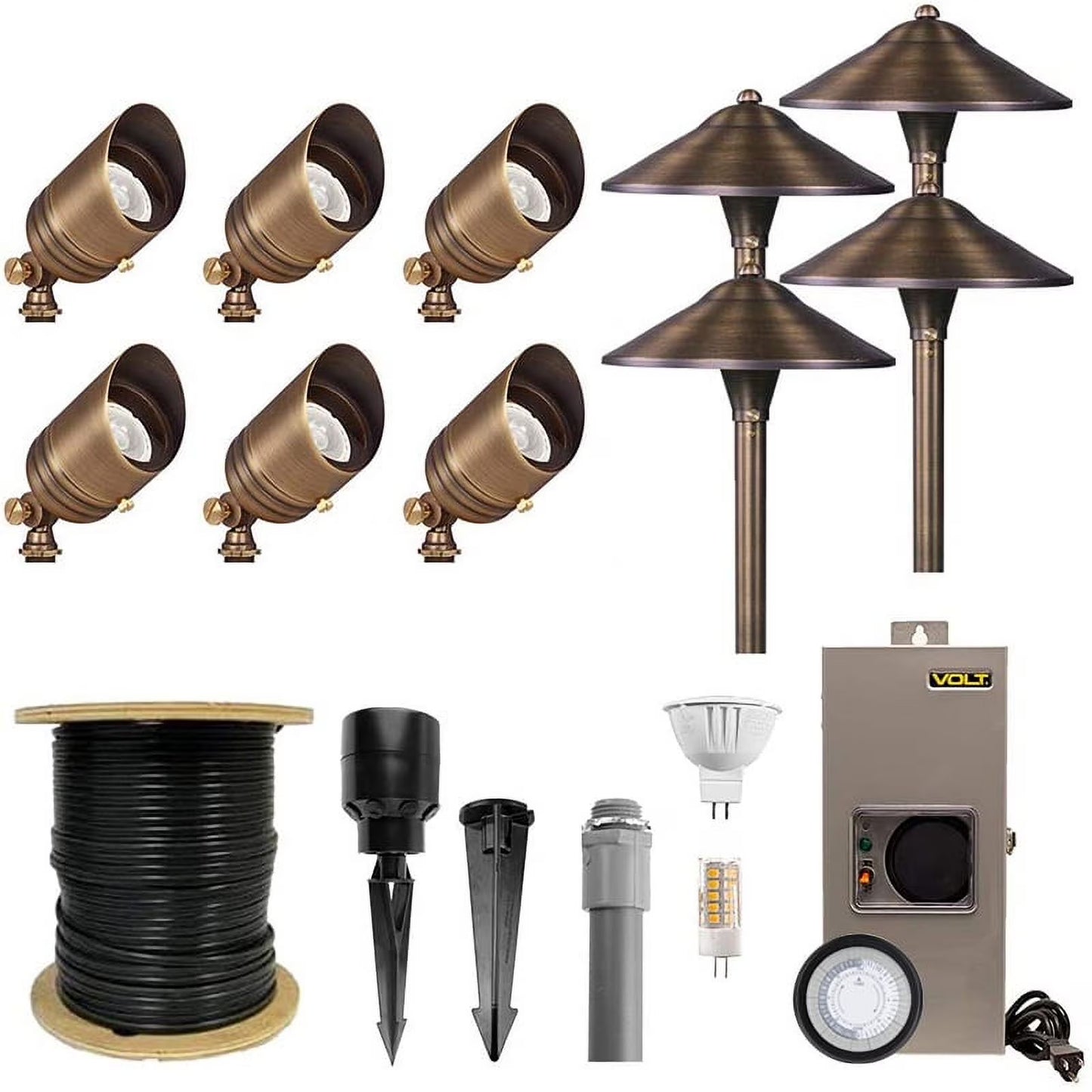 VOLT Brass Landscape Lighting Kit (6 Spotlights, 2 Path Lights)