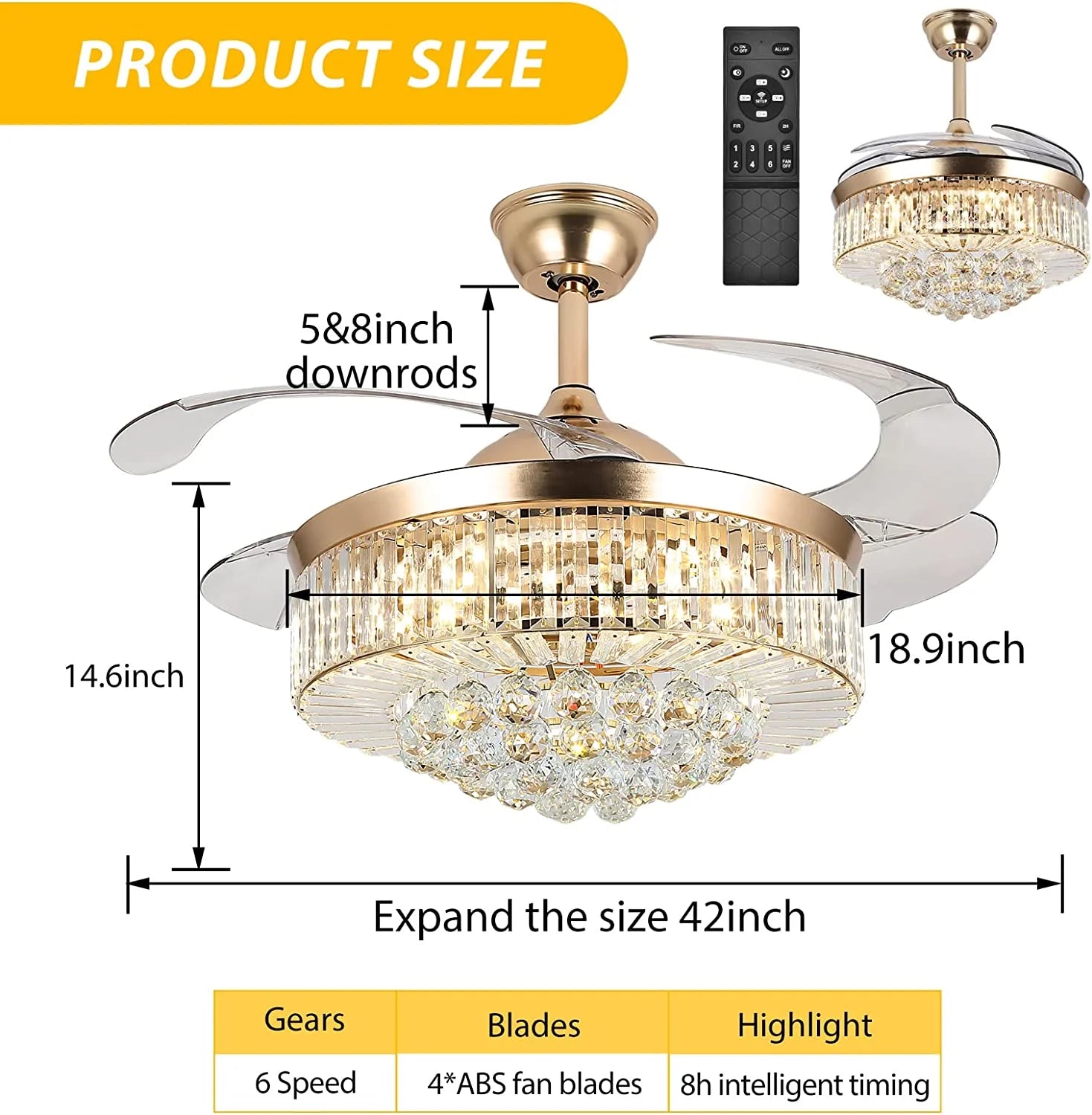 Datingday 42 Inch Crystal Ceiling Fan Golden Crystal Ceiling Fan Chandelier with Remote 6 Speeds 3 Colors Changes Lighting Fixture, 4 Blades Retractable Fans for Bedroom Living Room Dining Room