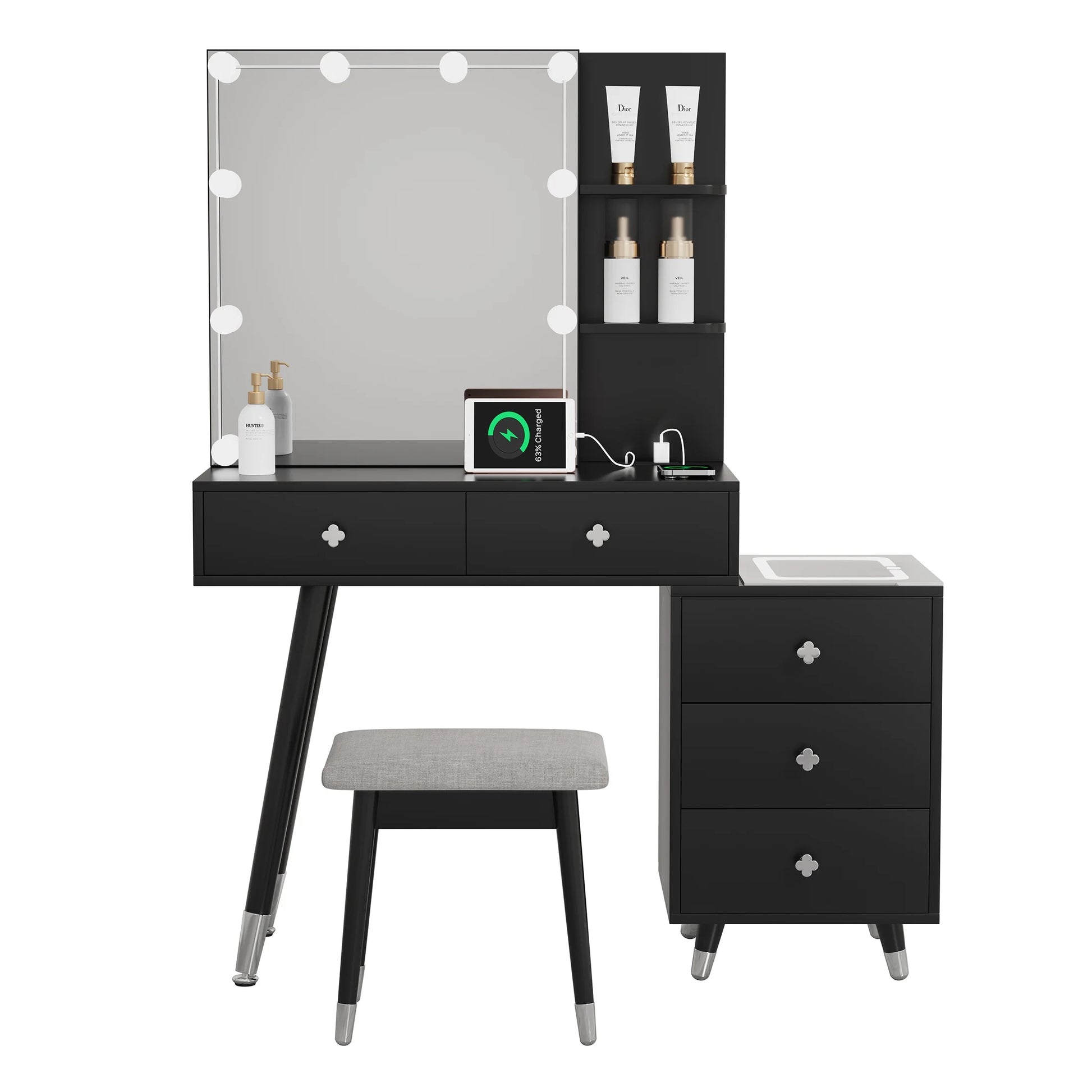 Vanity Set with Stool, Black Vanity Desk with Mirror, 5 Drawers and 2-Layer Shelves, LED Three-Tone Lighting, Particle Board With Triamine Coating, Solid Wood Legs With Copper Sheath Decoration