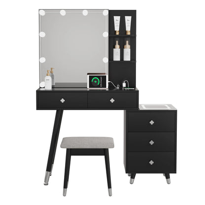 Vanity Set with Stool, Black Vanity Desk with Mirror, 5 Drawers and 2-Layer Shelves, LED Three-Tone Lighting, Particle Board With Triamine Coating, Solid Wood Legs With Copper Sheath Decoration