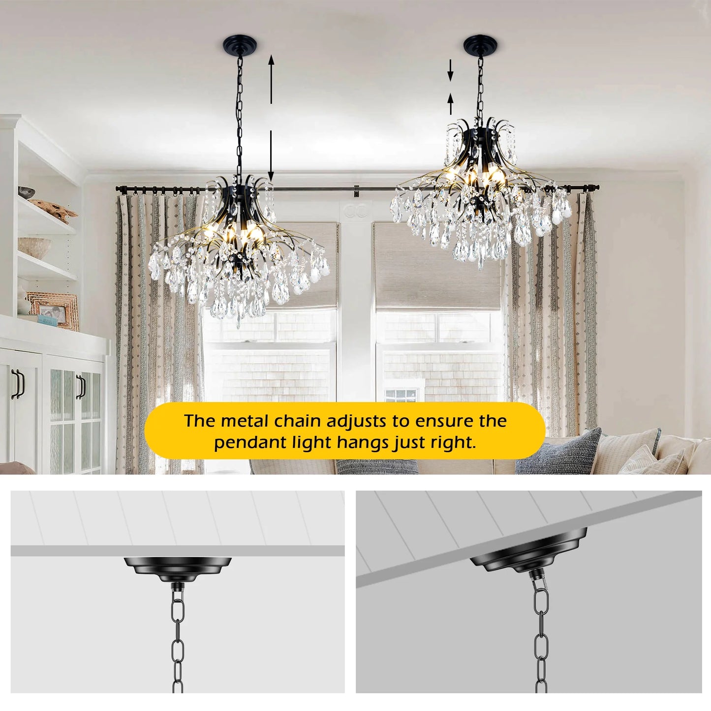 6-Light French Vintage Crystal Chandelier - Black & Gold Wrought Iron Ceiling Light with 23.6" Diameter, Adjustable 21.7" Chain & Wall Control, Dining room ceiling lighting fixtures