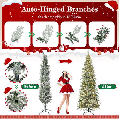 Qunler 9ft Snow Flocked Christmas Tree with 2028 Tips, Artificial Snowy Xmas Pine Tree with Reinforced Metal Base for Home Office Party Holiday Decorations ,White(NO Light)