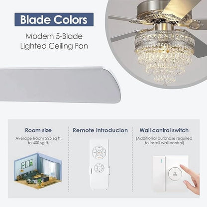 YIOSI 52" Crystal Ceiling Fan Fandelier with Remote Control, Modern Chrome Chandelier Ceiling Fan, Whisper-Quiet Motor, Reversible Blades, LED Lighting, Energy-Efficient, Elegant Living Room Fan