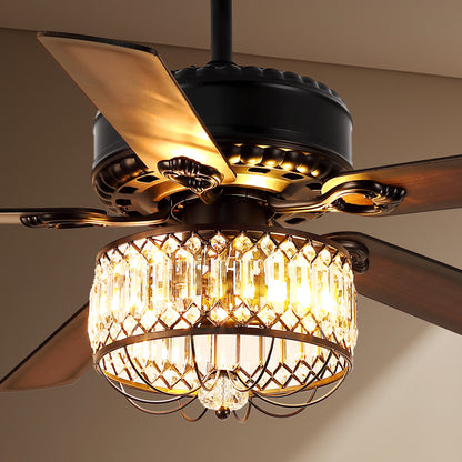 Kviflon 52" Farmhouse Ceiling Fan with Lights & Remote, Crystal Chandelier, Wood Blades, Quiet Motor, 6-Speed, Timer, Modern Lighting for Living Room, Bedroom, Dining Room, Chrome Finish