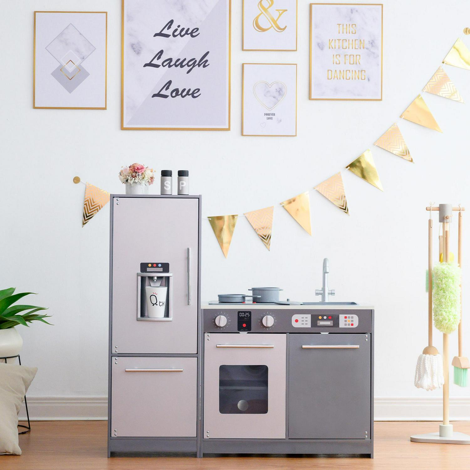 Teamson Kids Milano Kids Wooden Play Kitchen & 10 Accessories Grey TD-13397B