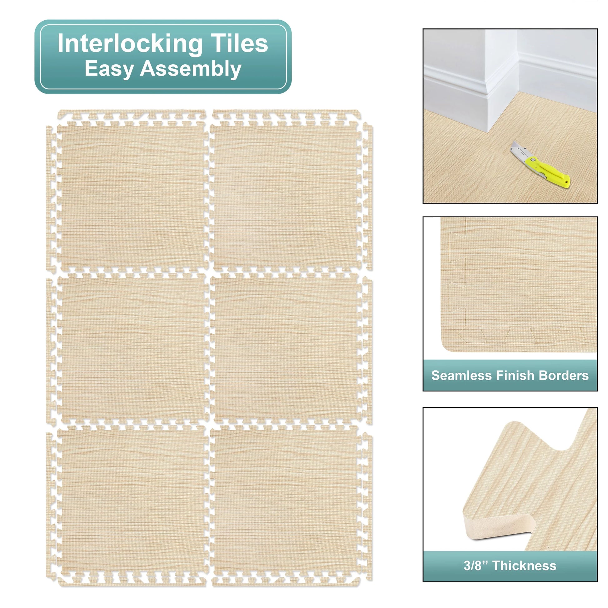 Sorbus 96 Square Feet White Oak Foam Interlocking Floor Mats, 24-Piece, Water-Resistant
