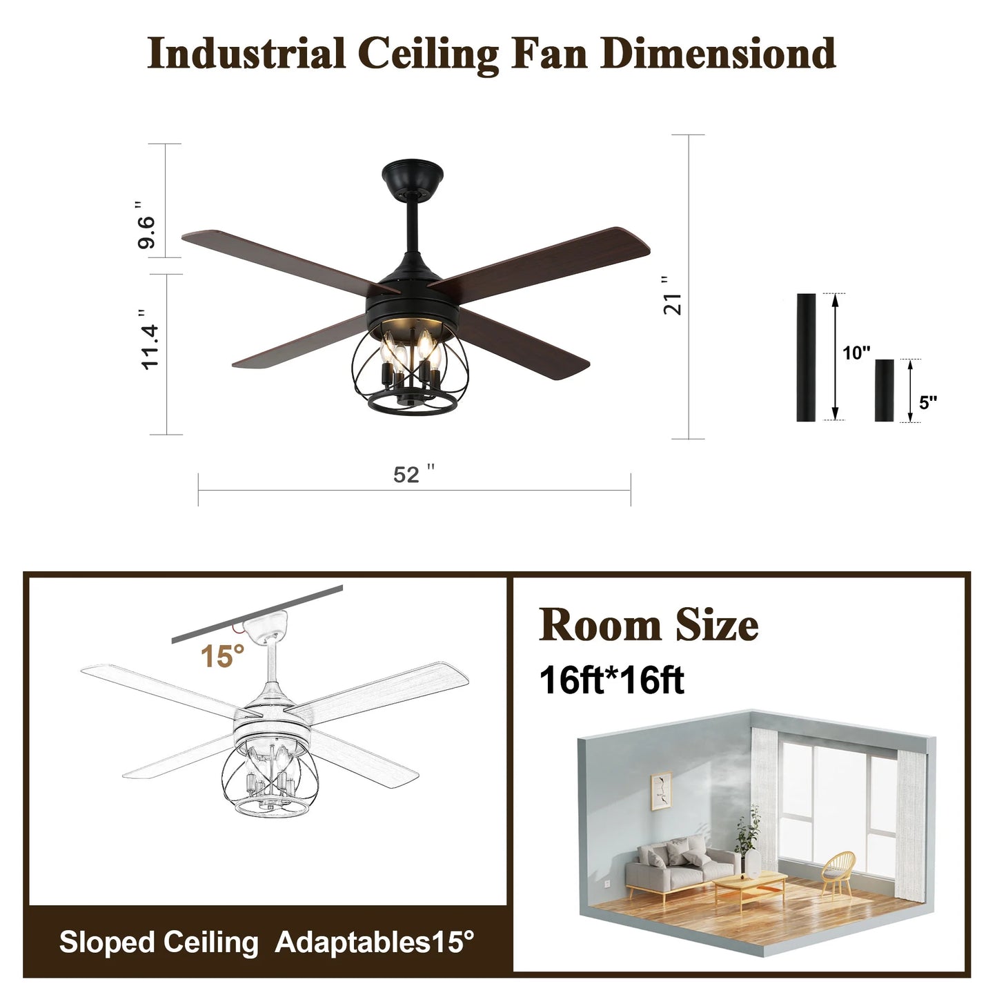 52" Farmhouse Ceiling Fan 4-Light Wood Lighting Reversible Blades with Light and Remote Control 6 Speed