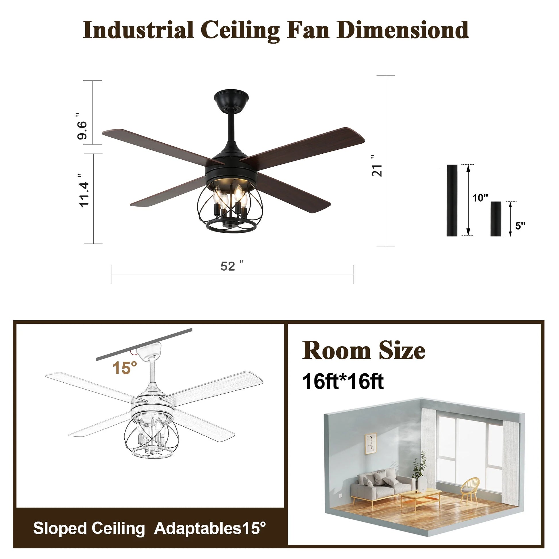 52" Farmhouse Ceiling Fan 4-Light Wood Lighting Reversible Blades with Light and Remote Control 6 Speed