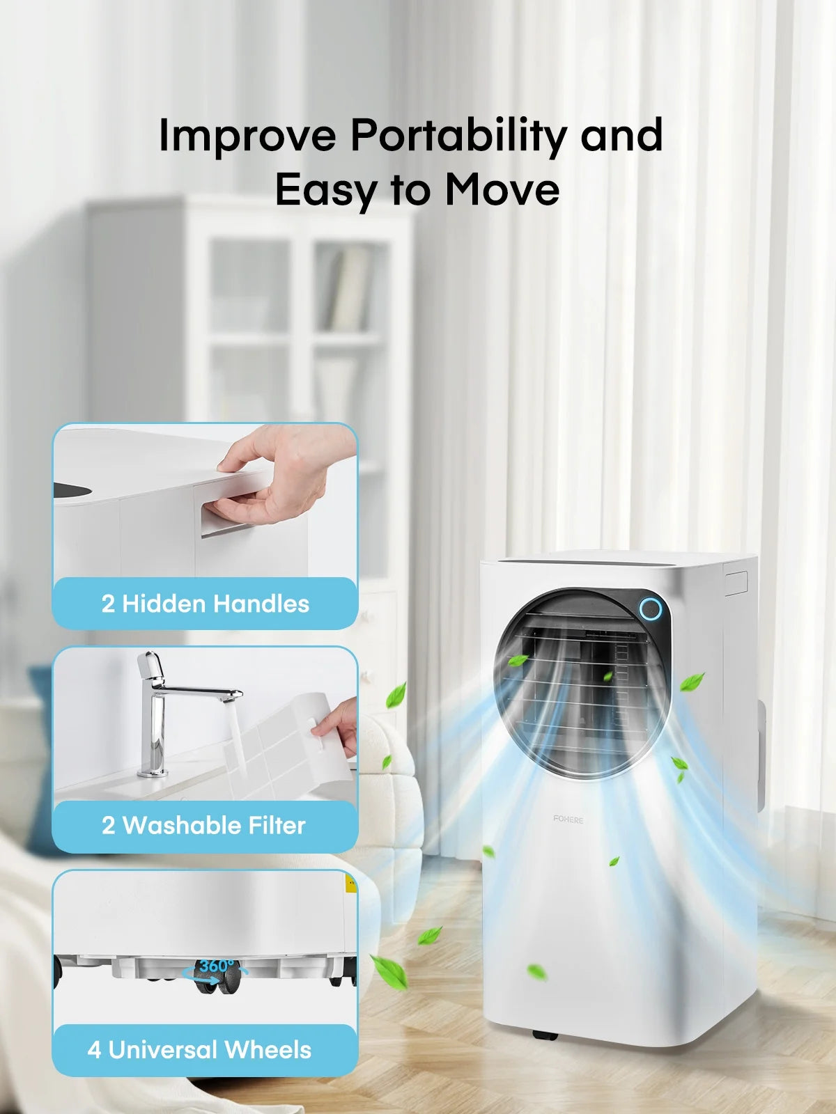 FOHERE 12000 BTU Portable Air Conditioner for Room Cooling and Heating, Covers up to 550 Sq. Ft, 4 IN 1 All Season AC Portable Air Conditioner with Remote Control and Window Kit, White