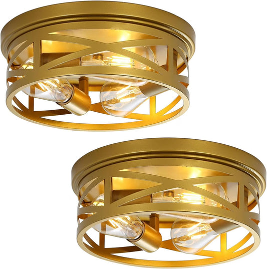 Gold Flush Mount Ceiling Light Fixture, 3-Lights Hallway Ceiling Lighting, Farmhouse Ceiling Mount Lights for Kitchen Entryway Bathroom - 2 Pack