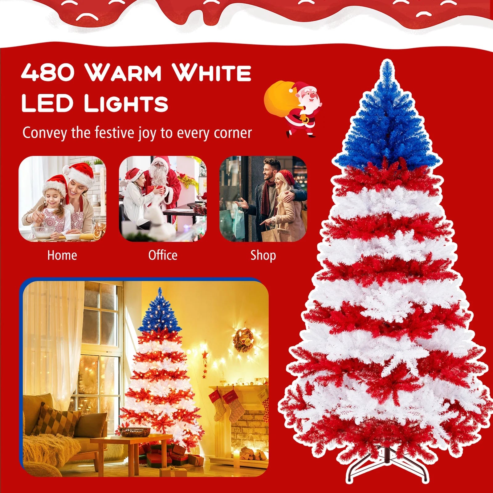 Costway 7.5 FT Patriotic Pre-Lit Artificial Christmas Tree with 1341 Branch Tips 480 Lights