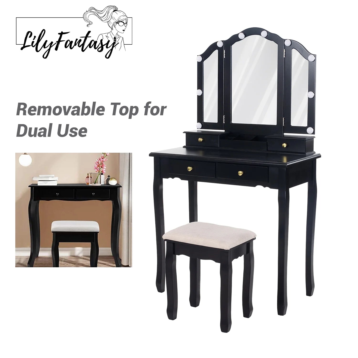 LilyFantasy Vanity Set with Mirror and Lights, Makeup Vanity for Women and Girls, Modern Make up Table and chair for Bedroom, 10 LED Light Bulbs & 3 Color Lighting Modes, White