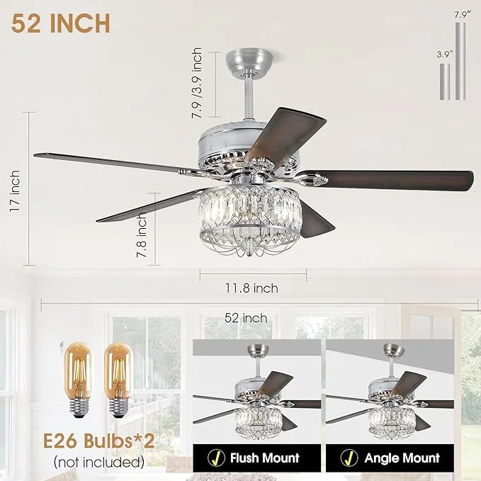 Kviflon 52" Farmhouse Ceiling Fan with Lights & Remote, Crystal Chandelier, Wood Blades, Quiet Motor, 6-Speed, Timer, Modern Lighting for Living Room, Bedroom, Dining Room, Chrome Finish