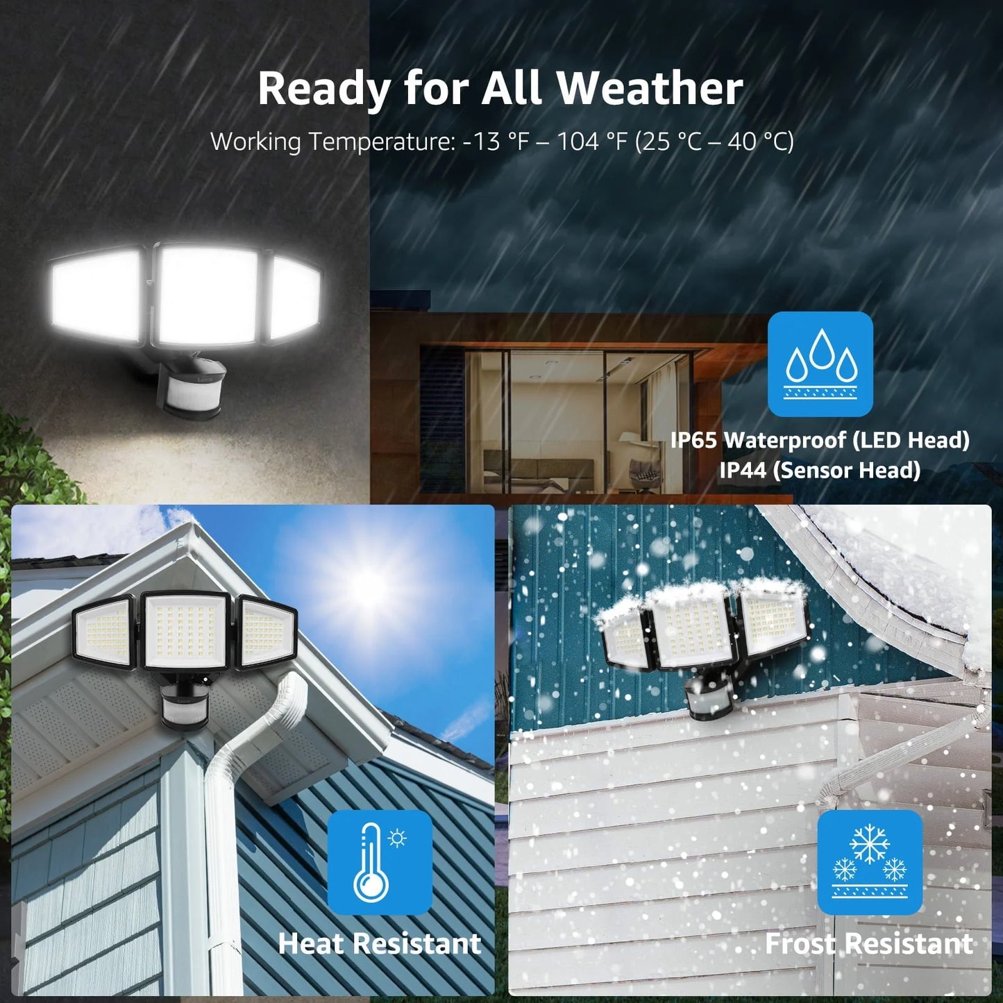 Lepro Motion Sensor Outdoor Light , LED Security Flood Lights with 3 Adjustable Heads, 270° Wide Lighting Angle, 27W 3200LM Super Bright, IP65 Waterproof for Yard Porch Garage, Black