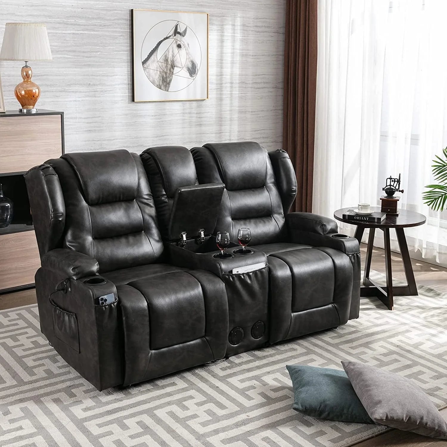 IPKIG Electric Home Theater Seating- Power Recline Chair Loveseat RV Sofa with Console, 67" Double Recliner 2-Seater RV Couch with Storage/USB Charging/Lighting/Cup Holders for Living Room
