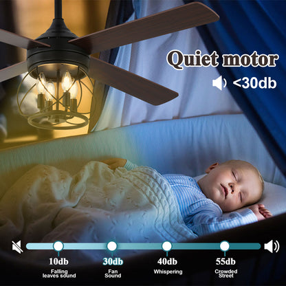 52" Farmhouse Ceiling Fan 4-Light Wood Lighting Reversible Blades with Light and Remote Control 6 Speed