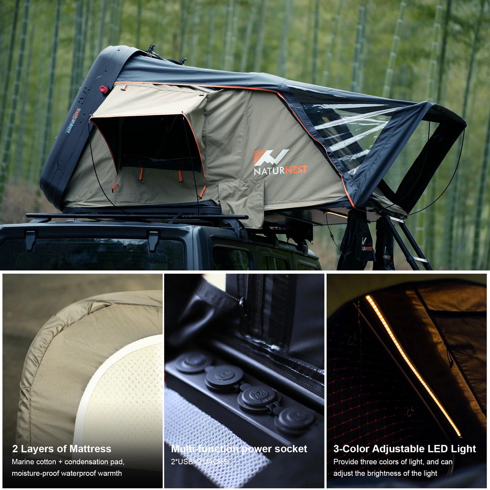 Naturnest Premium Weatherproof 2-3 Person Rooftop Tent with Adjustable Dual Lighting, Memory Foam Bedding, Spacious Interior, and Exceptional Delivery