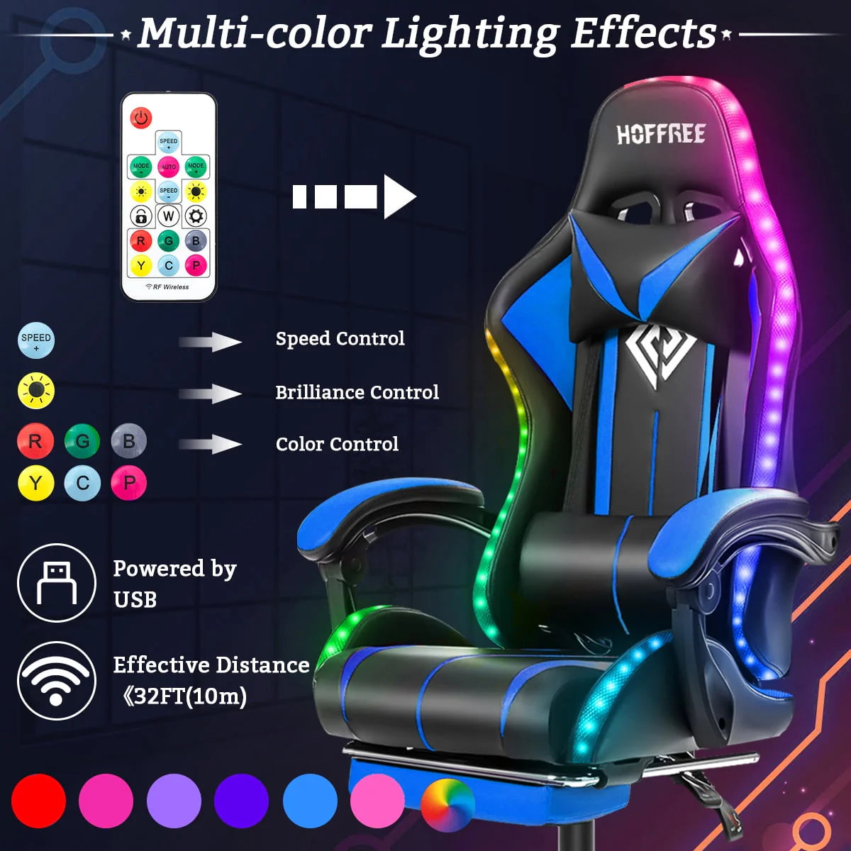 Hoffree Gaming Chair with Massage Office Chair Ergonomic Gamer Chair with LED Light Adjustable Headrest Lumbar Support Footrest Swivel High Back Computer Chair for Adults Teens Christmas,Xmas Gift