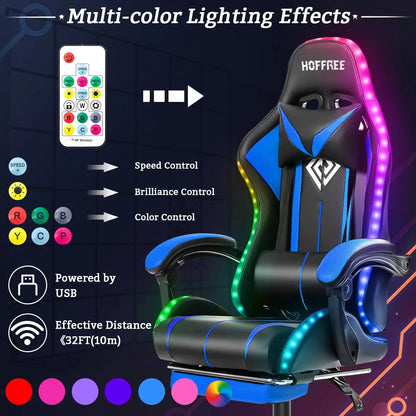 Hoffree Gaming Chair with Massage Office Chair Ergonomic Gamer Chair with LED Light Adjustable Headrest Lumbar Support Footrest Swivel High Back Computer Chair for Adults Teens Christmas,Xmas Gift