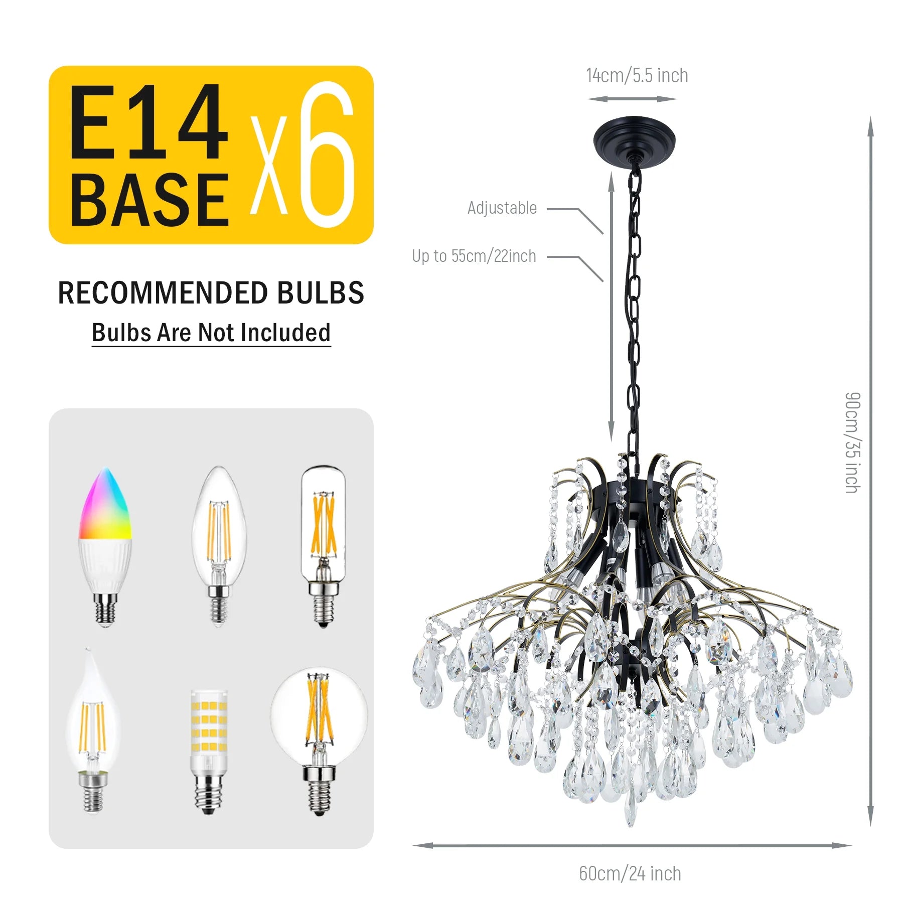 6-Light French Vintage Crystal Chandelier - Black & Gold Wrought Iron Ceiling Light with 23.6" Diameter, Adjustable 21.7" Chain & Wall Control, Dining room ceiling lighting fixtures