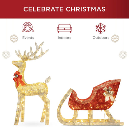 Best Choice Products Lighted Christmas 4ft Reindeer & Sleigh Outdoor Yard Decoration Set w/205 LED Lights, Stakes