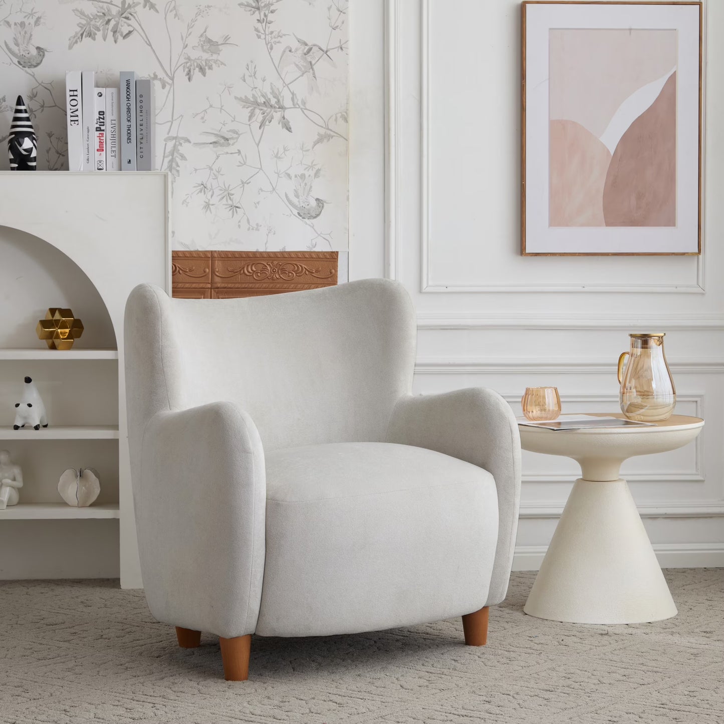 Christopher Knight Home Mid-Century Modern Velvet Wingback Accent Chair with Birch Legs, White