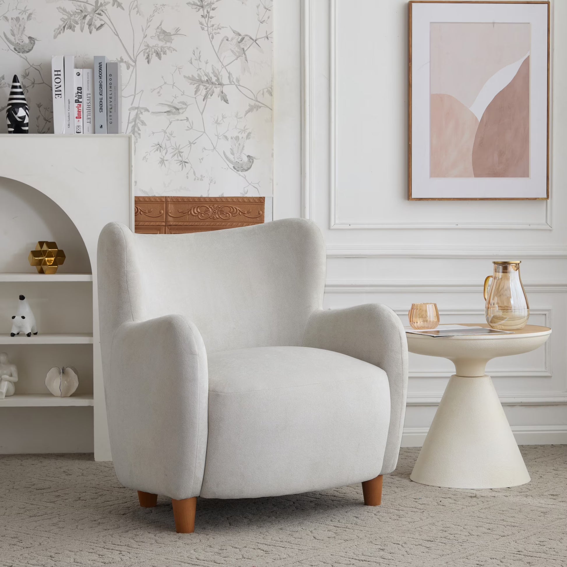Christopher Knight Home Mid-Century Modern Velvet Wingback Accent Chair with Birch Legs, White