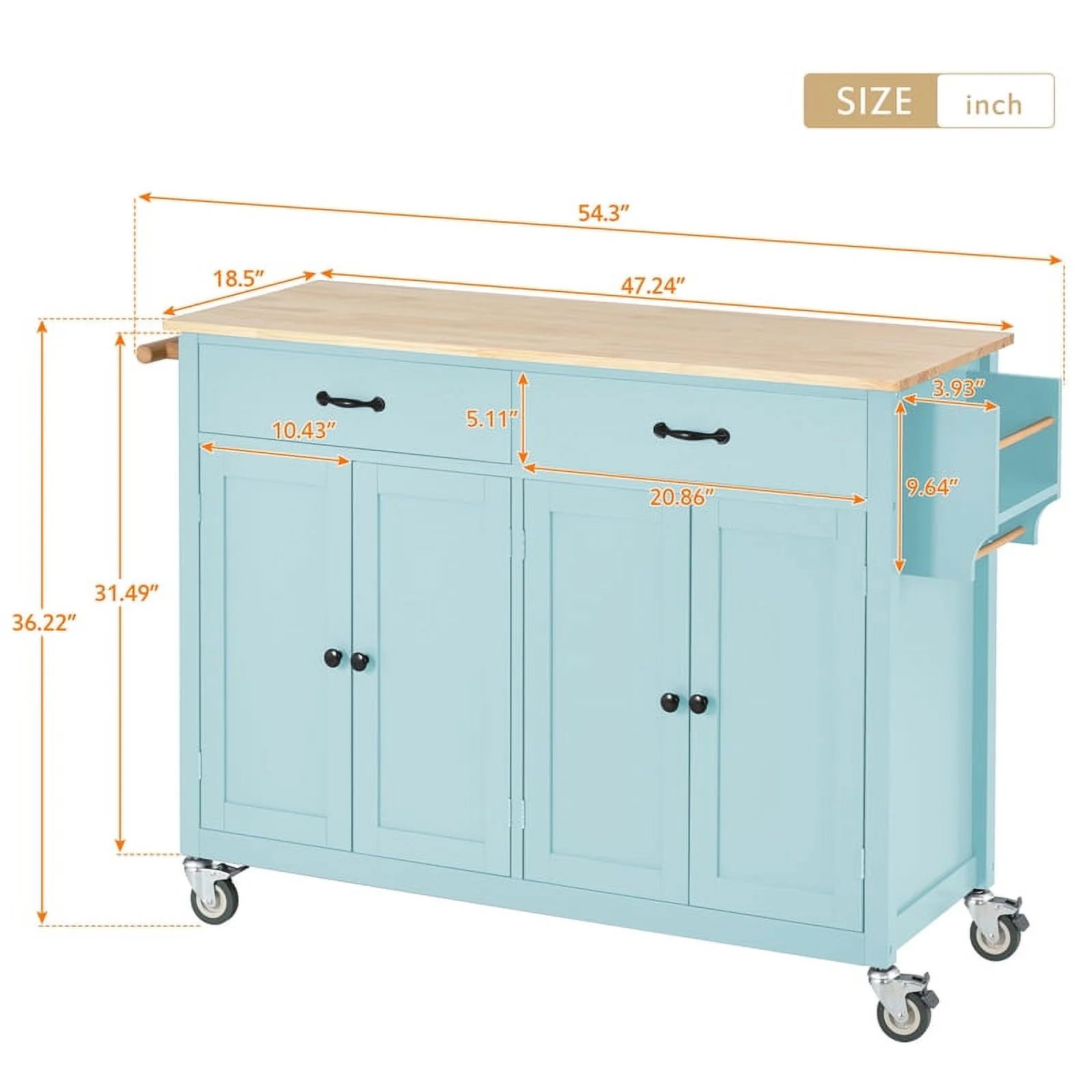 Kitchen Storage Islands& Carts with Solid Wood Top and Locking Wheels, Kitchen Island Cart with 4 Door Cabinet and Two Drawers, Kitchen Cabinets for Kitchen and Dining Room, Green