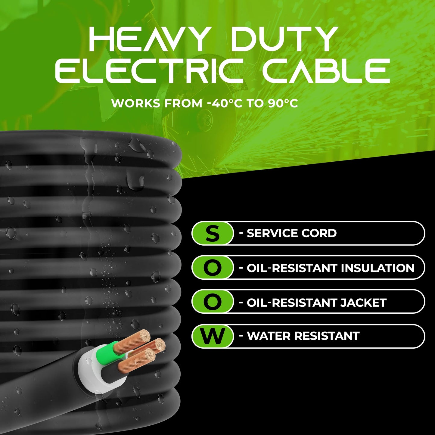 GearIT 8/4 8 AWG Portable Power Cable (25 Feet - 4 Conductor) SOOW 600V 8 Gauge Electric Wire for Motor Leads, Portable lights, Battery Chargers, Stage Lights and Machinery -25ft Electrical Cord