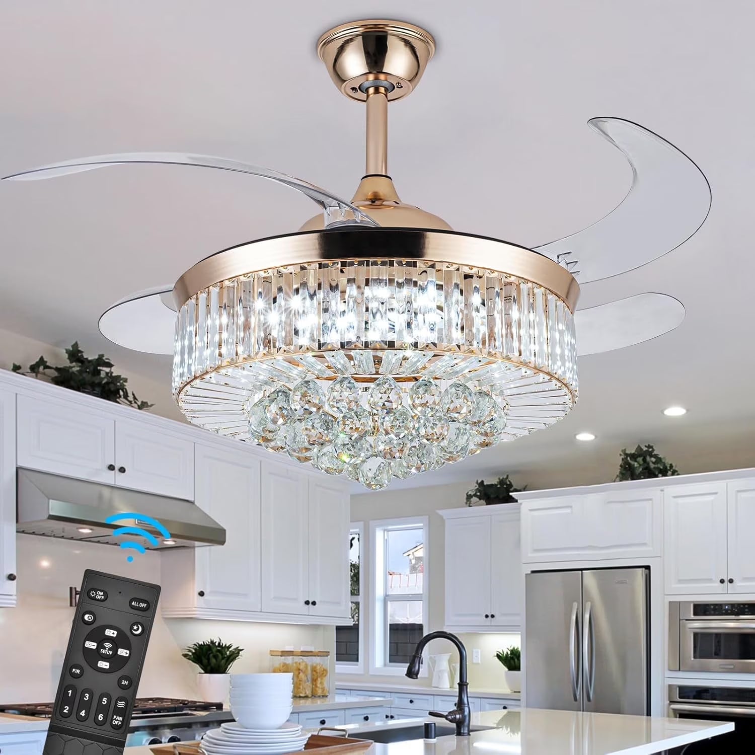 Datingday 42 Inch Crystal Ceiling Fan Golden Crystal Ceiling Fan Chandelier with Remote 6 Speeds 3 Colors Changes Lighting Fixture, 4 Blades Retractable Fans for Bedroom Living Room Dining Room