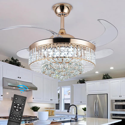 Datingday 42 Inch Crystal Ceiling Fan Golden Crystal Ceiling Fan Chandelier with Remote 6 Speeds 3 Colors Changes Lighting Fixture, 4 Blades Retractable Fans for Bedroom Living Room Dining Room