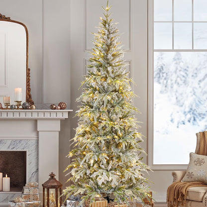 Qunler 7ft Pre-lit Snow Flocked Artificial Christmas Tree with 300 Warm Lights 8 Modes, 700 PE+PVC Snowy Branches, White