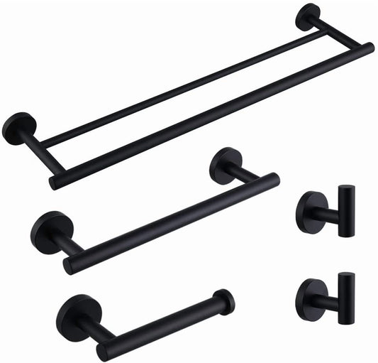 Matte Black Bathroom Accessories Kit 5-Pieces Bathroom Hardware Set Wall Mounted - Includes 24" Double Towel Bar, 12" Hand Towel Bar, Toilet Paper Holder, 2X Robe Towel Hooks ...