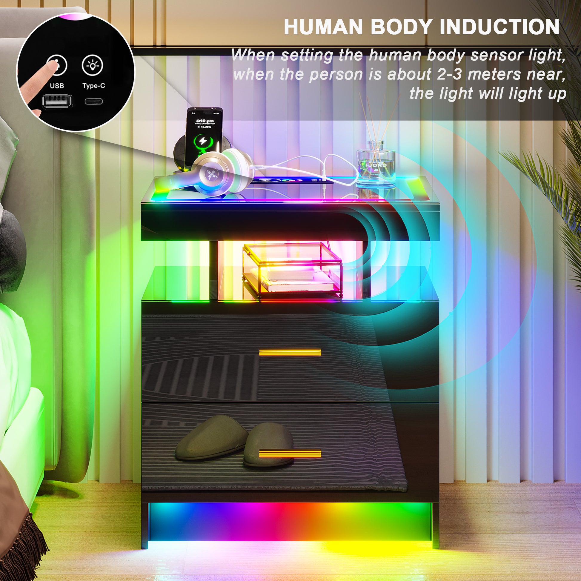 HNEBC RGB LED Nightstand with Wireless Charging Station & USB Ports, High Gloss Smart Night Stand with Drawer and Dynamic Lighting, Modern Bedside Tables for Bedroom, End Table
