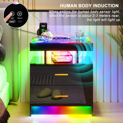 HNEBC RGB LED Nightstand with Wireless Charging Station & USB Ports, High Gloss Smart Night Stand with Drawer and Dynamic Lighting, Modern Bedside Tables for Bedroom, End Table