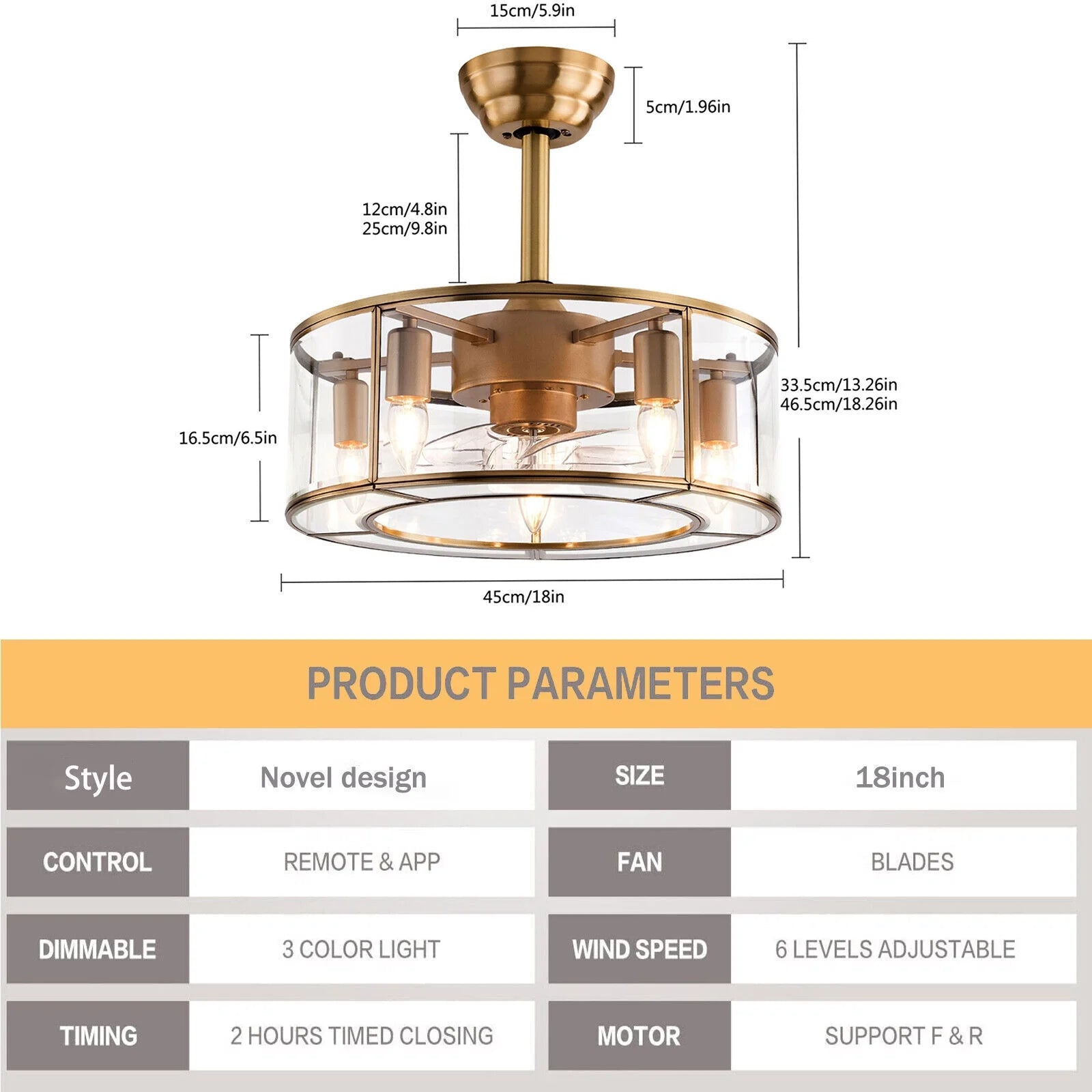 Caged Fandelier Ceiling Fan with Light, Golden Ceiling Fans with Remote Control & Noiseless 35db - Farmhouse Rustic Bladeless Ceiling Fans Chandelier Retro Lighting Fixture