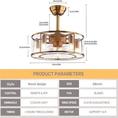 Caged Fandelier Ceiling Fan with Light, Golden Ceiling Fans with Remote Control & Noiseless 35db - Farmhouse Rustic Bladeless Ceiling Fans Chandelier Retro Lighting Fixture