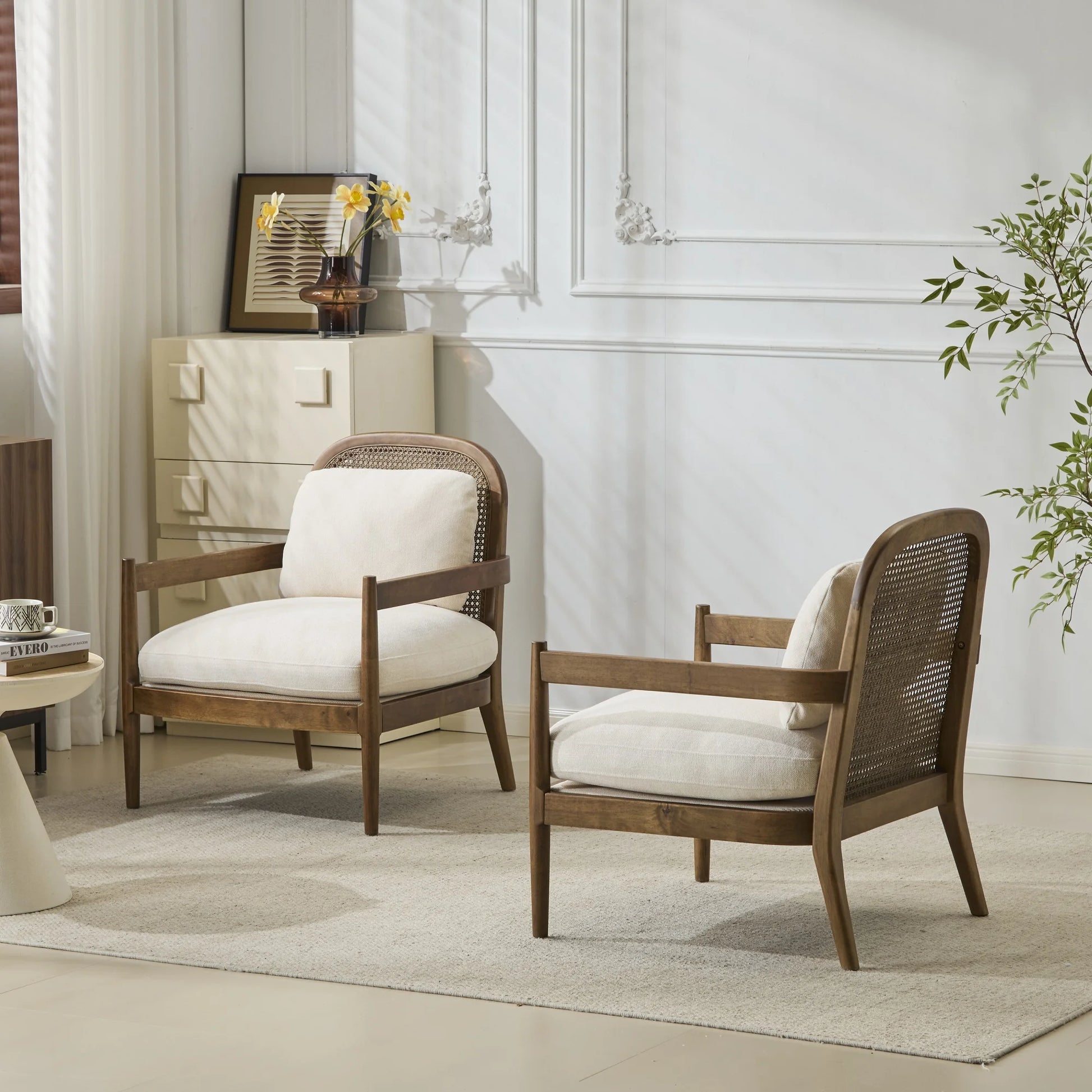 Christopher Knight Home [Set of 2] Mid-Century Modern Accent Chairs with Light Brown Solid Wood Frame, Rattan Backrest with Cushion - Comfortable Armchairs Light Brown
